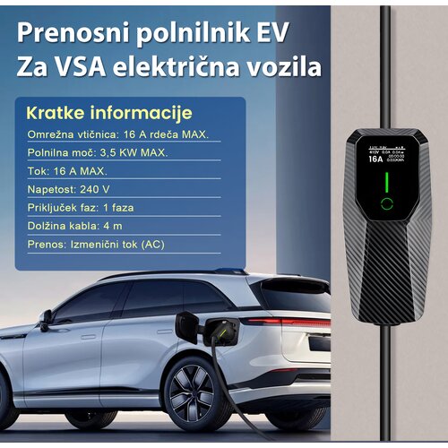 JUNSUN Prenosna stenska polnilna postaja za električna vozila (EV) &amp;ndash; Tip 2, 16A, 1-fazna, 3,5 kW, nastavljiv tok, 4 m kabel, črna, (21989618) Slike