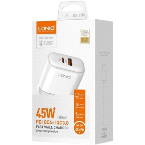  Kucni punjac LDNIO A2526C 45W PD + (QC4+ | QC3.0) (USB-A + USB-C) kabal type-C - lightning Slike