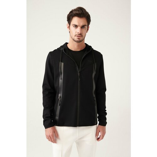 Avva Men's Black Interlock Fabric Hooded Collar Zipper Printed Standard Fit Regular Fit Sweatshirt Cene