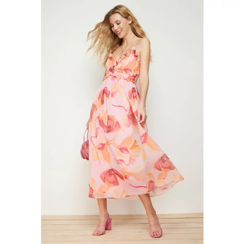 Trendyol Pink Ruffle Detailed A-Line/Bell Form Lined Woven Dress