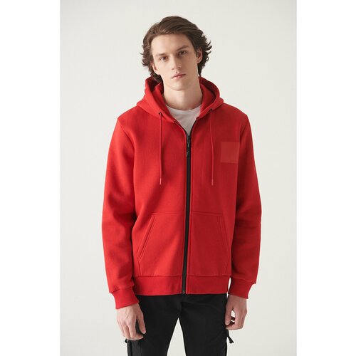 Avva Men's Red Hooded 3 Thread Fleece Printed Zippered Standard Fit Regular Fit Sweatshirt Slike