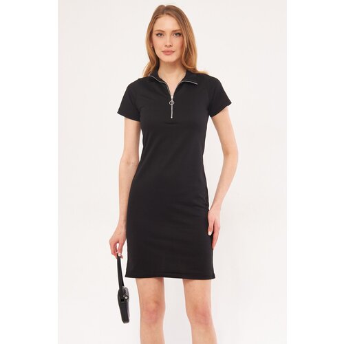 armonika women's black collar zippered body-fitting above knee short sleeve dress Slike