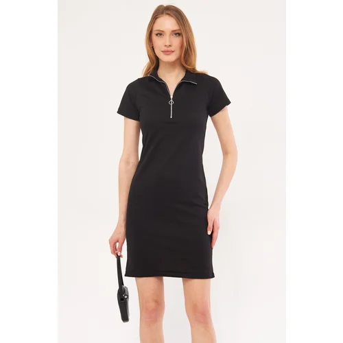 armonika Women's Black Collar Zippered Body-Fitting Above Knee Short Sleeve Dress