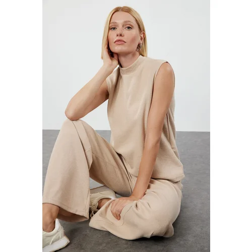 Trendyol Beige Thessaloniki Knitted Sleeveless Blouse and Trousers Top-Bottom Set