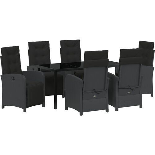 VidaXL set za objedovanje u vrtu od 7 dijelova s jastucima crni poli ratan, vrtni stol crni 160x80x73 cm staklo otporno na udarce Slike