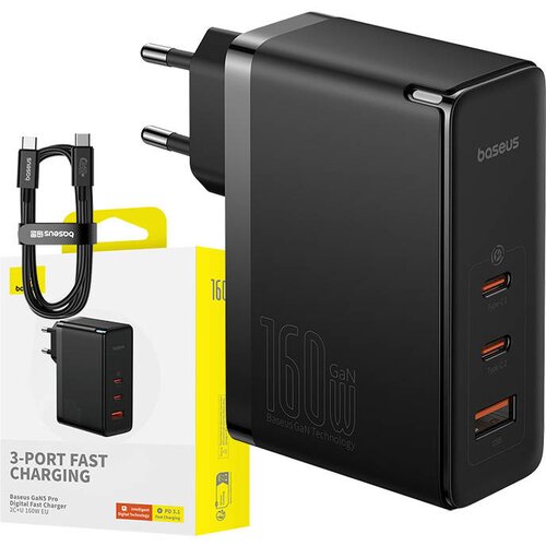 Baseus GaN5 Pro 2xUSB-C + USB omrežni polnilec, 160 W (črn), (20833631) Cene