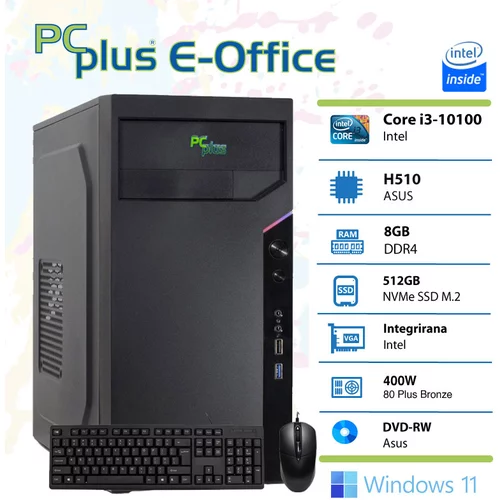 PCPLUS e-Office i3-10100/8GB/512GB/Windows 11 Pro Office Home & Bus namizni računalnik + miška in tipkovnica, (21021446)