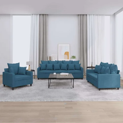  3-dijelni set sofa s jastucima plavi baršunasti