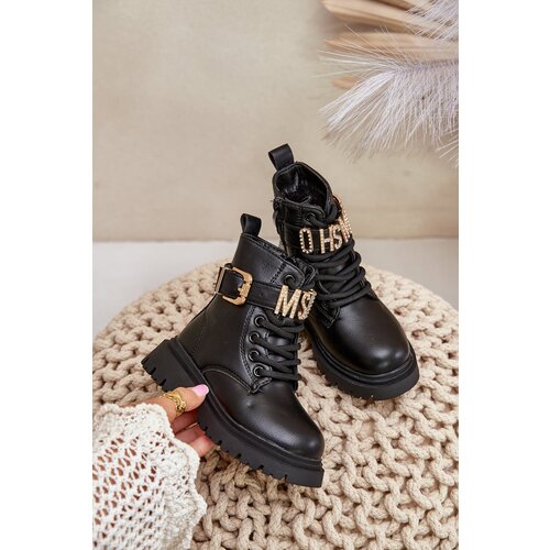 FR1 Girls' eco-leather boots insulated with a decorative strap black Gilian Slike