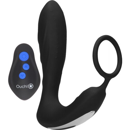 Ouch! E-stim & Vibration Butt Plug & Cock Ring with Remote Black Cene