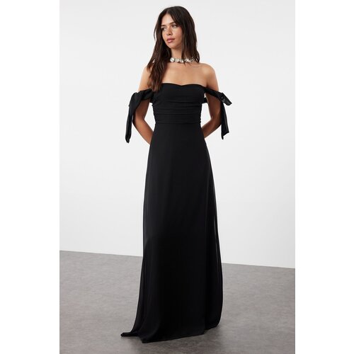 Trendyol Black A-Line Carmen Neckline Chiffon Woven Evening Dress & Graduation Dress Slike