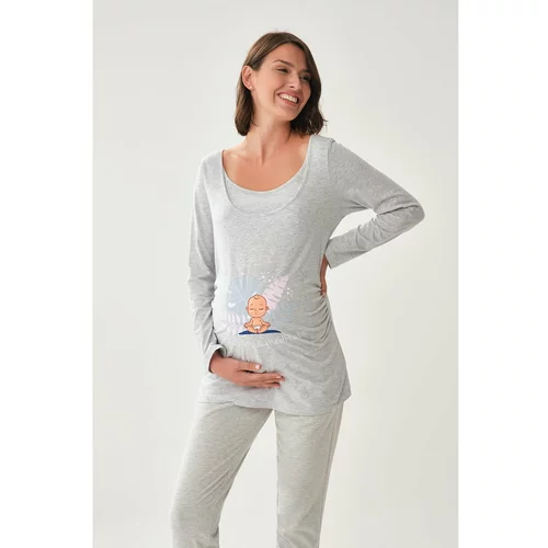 Dagi Maternity Pajamas Top - Gray - Landscape print