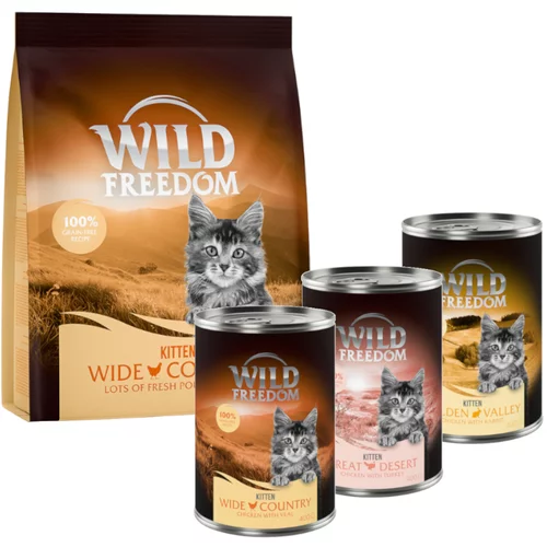 Wild Freedom mokra hrana 12 x 400 g + suha hrana 400 g po posebni ceni! Mešani paket Kitten: (4x Great Desert, 4x Wide Country, 4x Golden Valley) + perutnina - brez žit