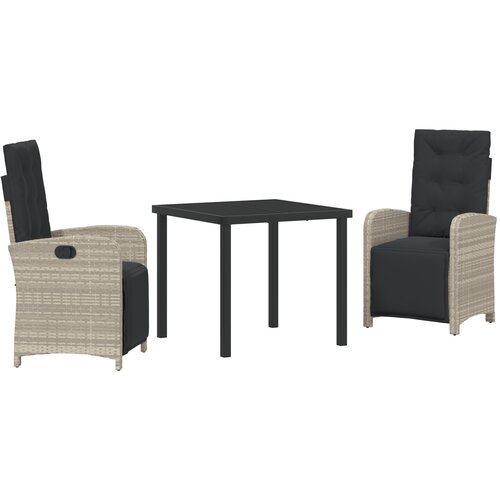 VidaXL Set od 3 dijela za vrt sa svijetlosivim poli ratan jastučićima, vrtni stol crn 80x80x73 cm od kaljenog stakla Slike