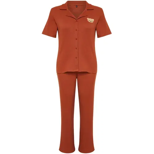 Trendyol Curve Cinnamon Embroidery Ribbed Knitted Pajamas Set
