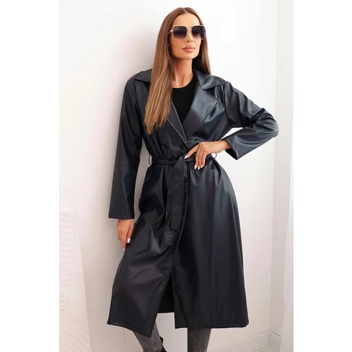 Kesi Włoski Women's faux leather trench coat with a belt and collar navy Cene