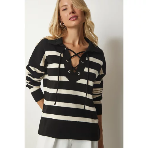 Happiness İstanbul Women's Black Lace-Up Striped Knitwear Sweater