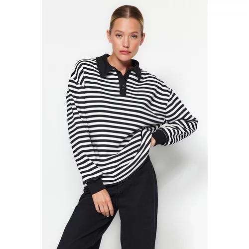 Trendyol Black Striped Polo Neck Thick Fleece Inside Oversized Knitted Sweatshirt