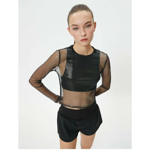 Koton Shiny Tulle Crop T-Shirt Sports Long Sleeve Crew Neck Comfortable Fit