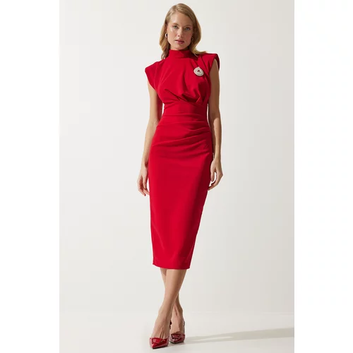 Happiness İstanbul Women's Red Elegant Brooch Gathered Wrap Knitted Dress