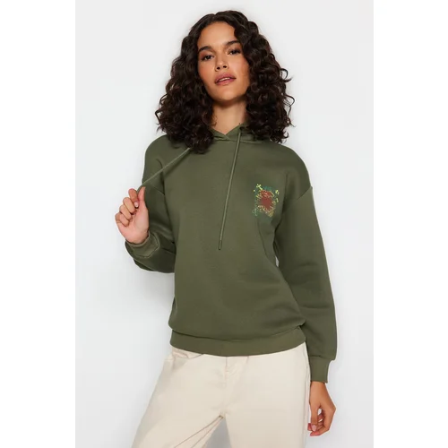 Trendyol Thick Khaki with Fleece Inside Printed Front and Back Oversized/Wide Knitted Sweatshirt