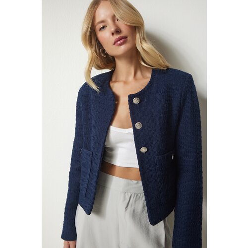 Happiness İstanbul Women's Navy Blue Buttoned Tweed Jacket Slike