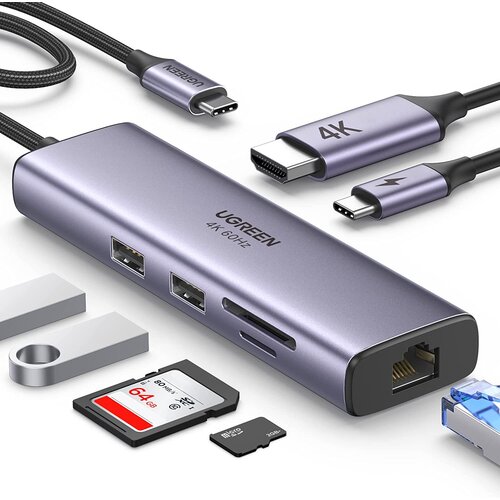 Ugreen 7v1 USB-C HUB HDMI+RJ45+čitalec kartic+USB+PD 100W Slike