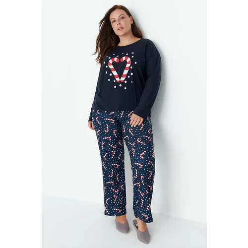 Trendyol Curve Navy Blue Crew Neck Christmas Themed Knitted Pajamas Set