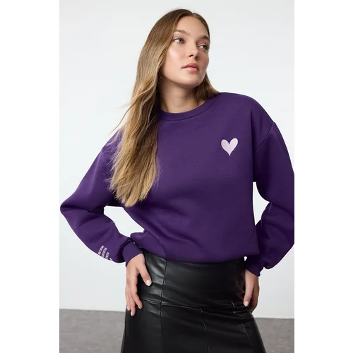 Trendyol Purple Embroidered Regular/Normal Fit Thick Inside Fleece Knitted Sweatshirt