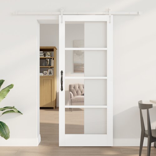 vidaXL Drsna vrata s kompletom opreme bela 83x202 cm iz trdega lesa bora, Notranja vrata z steklom 'ORKDAL'bela 83x202x4 cm Cene