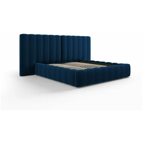 Milo Casa Temno modra oblazinjena zakonska postelja s prostorom za shranjevanje in letvenim dnom 160x200 cm Gina –