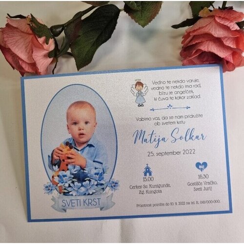 Vabilo za krst z angelčkom in sliko otroka, modro-pravokotno REK03-2 Cene