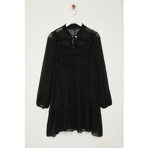 Trendyol Black Ruffle Detailed Flounce Skirt Chiffon Mini Woven Winter Dress Slike