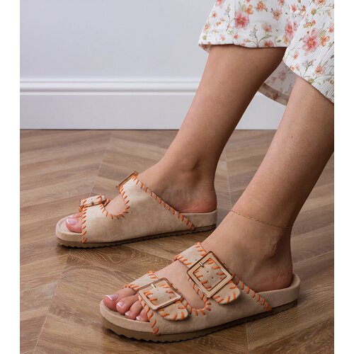 Gemre Beige slides with buckles and embroidery on straps Kim Cene