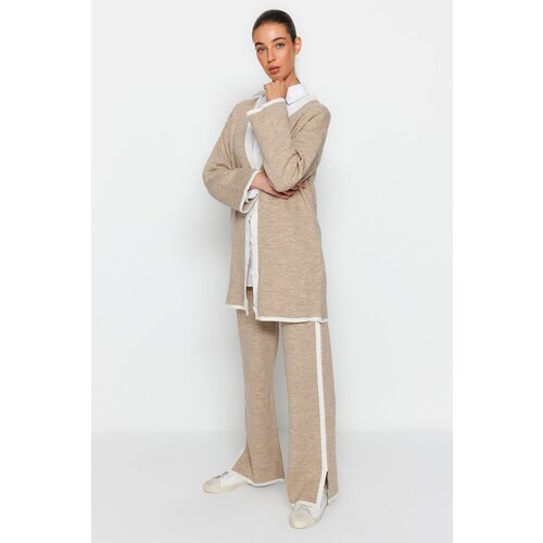 Trendyol Mink Striped Knitwear Sweater Pants Top and Bottom Set Slike