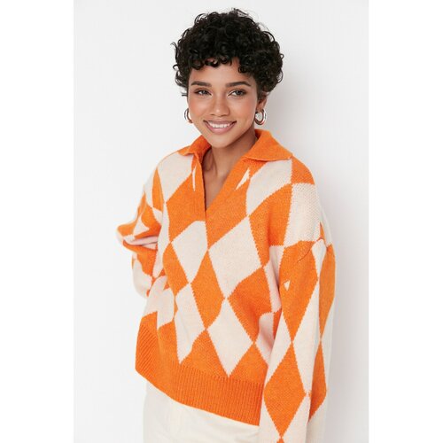 Trendyol Orange Oversize Jacquard Knitwear Sweater Slike