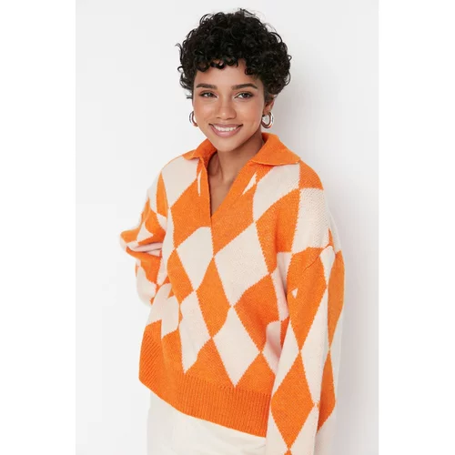 Trendyol Orange Oversize Jacquard Knitwear Sweater