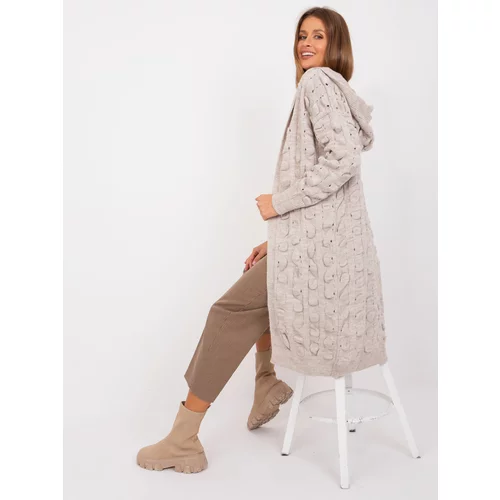 Fashion Hunters Long beige cardigan with an openwork pattern
