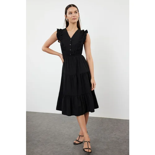 Trendyol Black Skater Form Ruffle Detailed Woven Dress