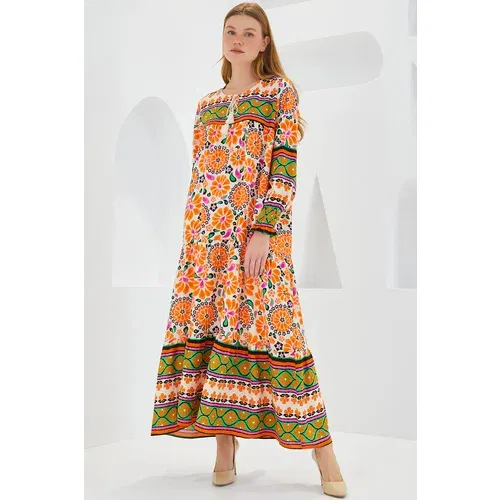 Bigdart Women's Orange Green Patterned Long Viscose Dress 1947 Bigdart Women's Orange Green Patterned Long Viscose Dress 1947