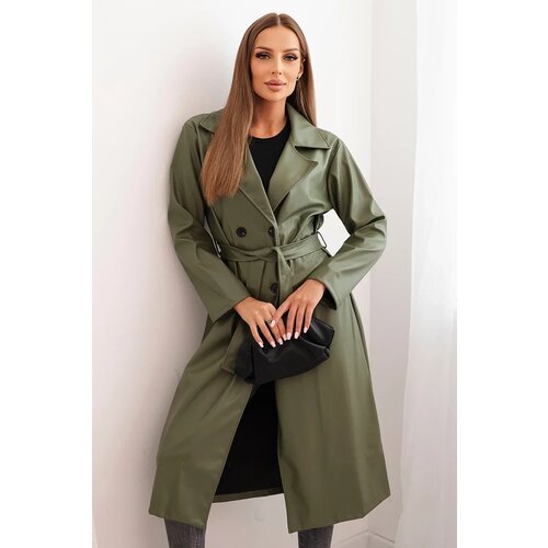 Kesi Włoski Women's trench coat made of eco-leather with a belt and collar khaki Cene