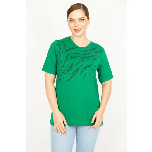 Şans Women's Green Plus Size Crew Neck Front Printed Blouse Slike