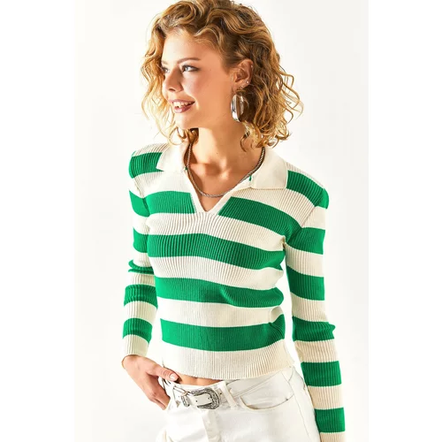 Olalook Women's Grass Green Polo Neck Thick Striped Knitwear Blouse