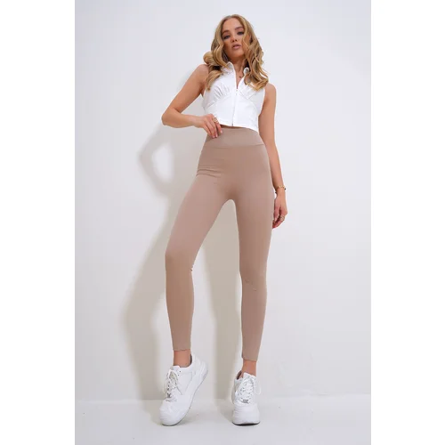 Trend Alaçatı Stili Women's Beige High Waist Ribbed Lycra Leggings