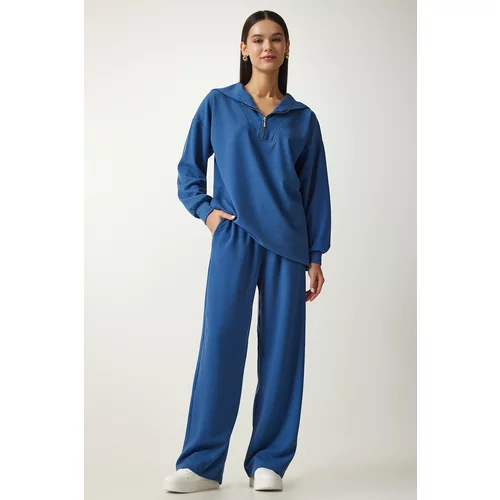 Happiness İstanbul Women's Indigo Blue Ribbed Knitted Blouse Pants Suit