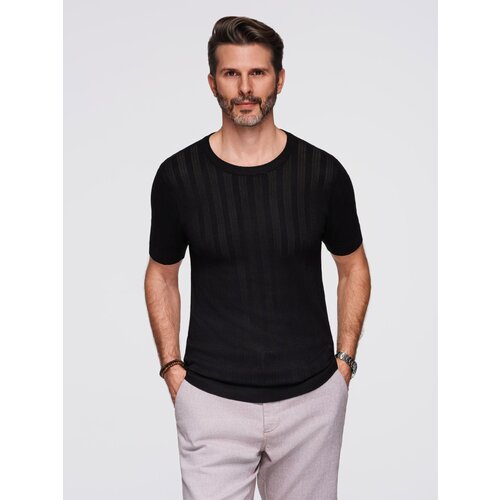Ombre Men&amp;#039;s openwork sweater with round neckline and short sleeves - black Slike