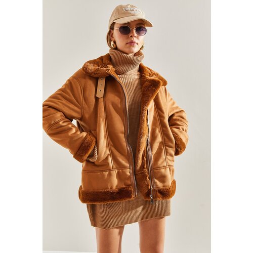 Bianco Lucci Women's Pile Collar Buckled Intermediate Suede Coat Cene
