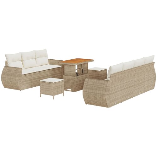 VidaXL 10-delni set vrtnih sofa z blazinami bež poli ratan akacija, 3-delni set vrtne jedilnice z blazinami bež poli ratan akacija Slike
