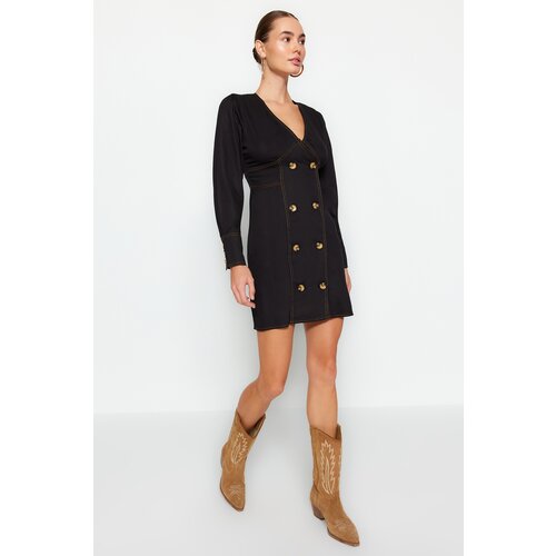 Trendyol Black Fitted Woven Dress with Mini Buttons and Bulky Sleeves Slike