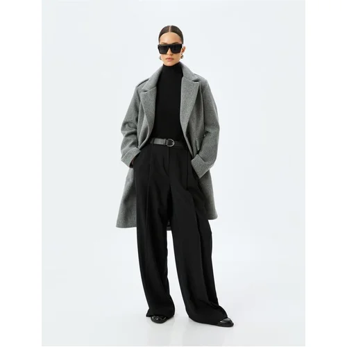 Koton Long Cashmere Coat with Flap and Double Pocket Detail